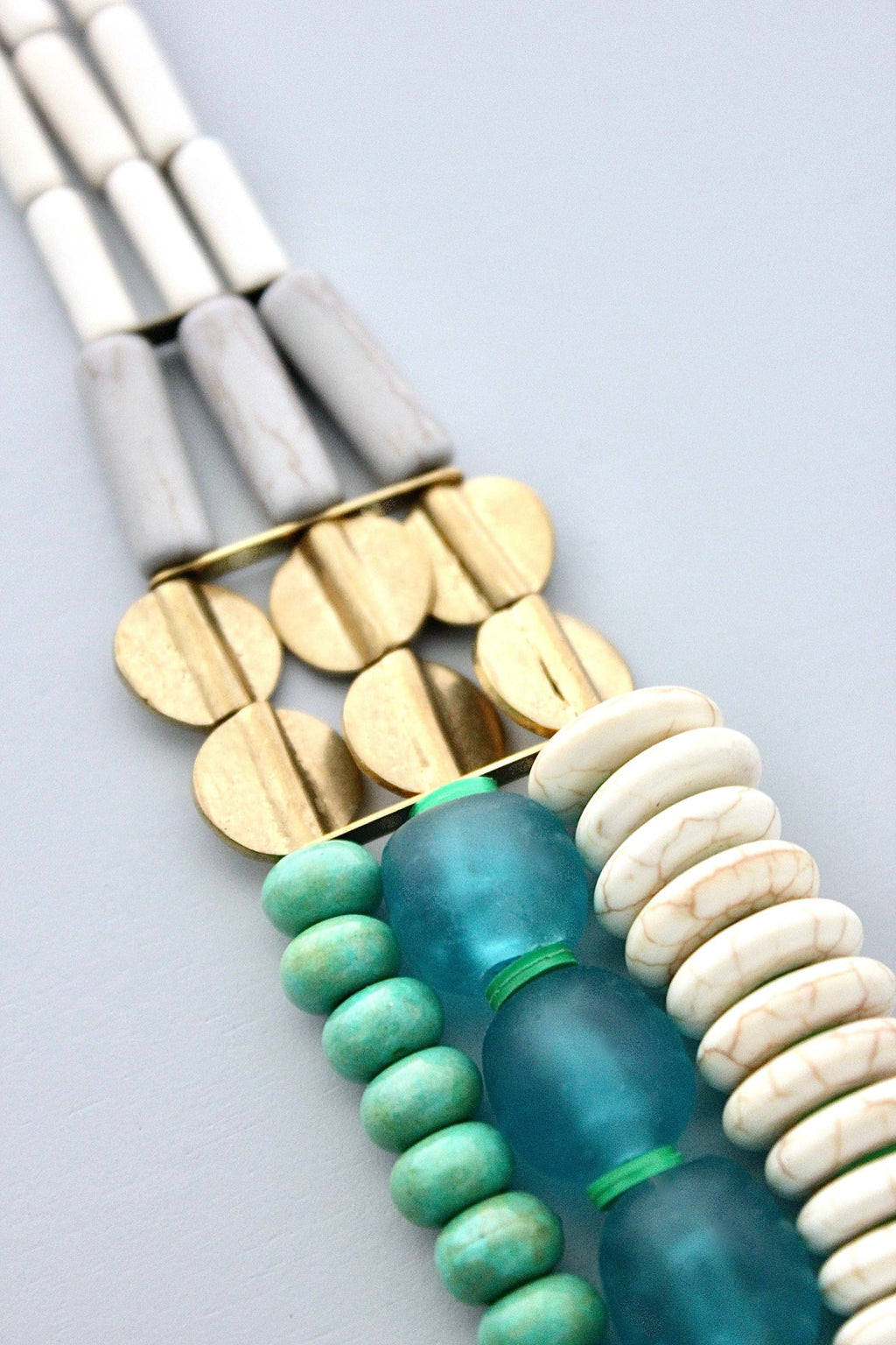 GND520 triple strand white, aqua Ghana glass, and turquoise necklace