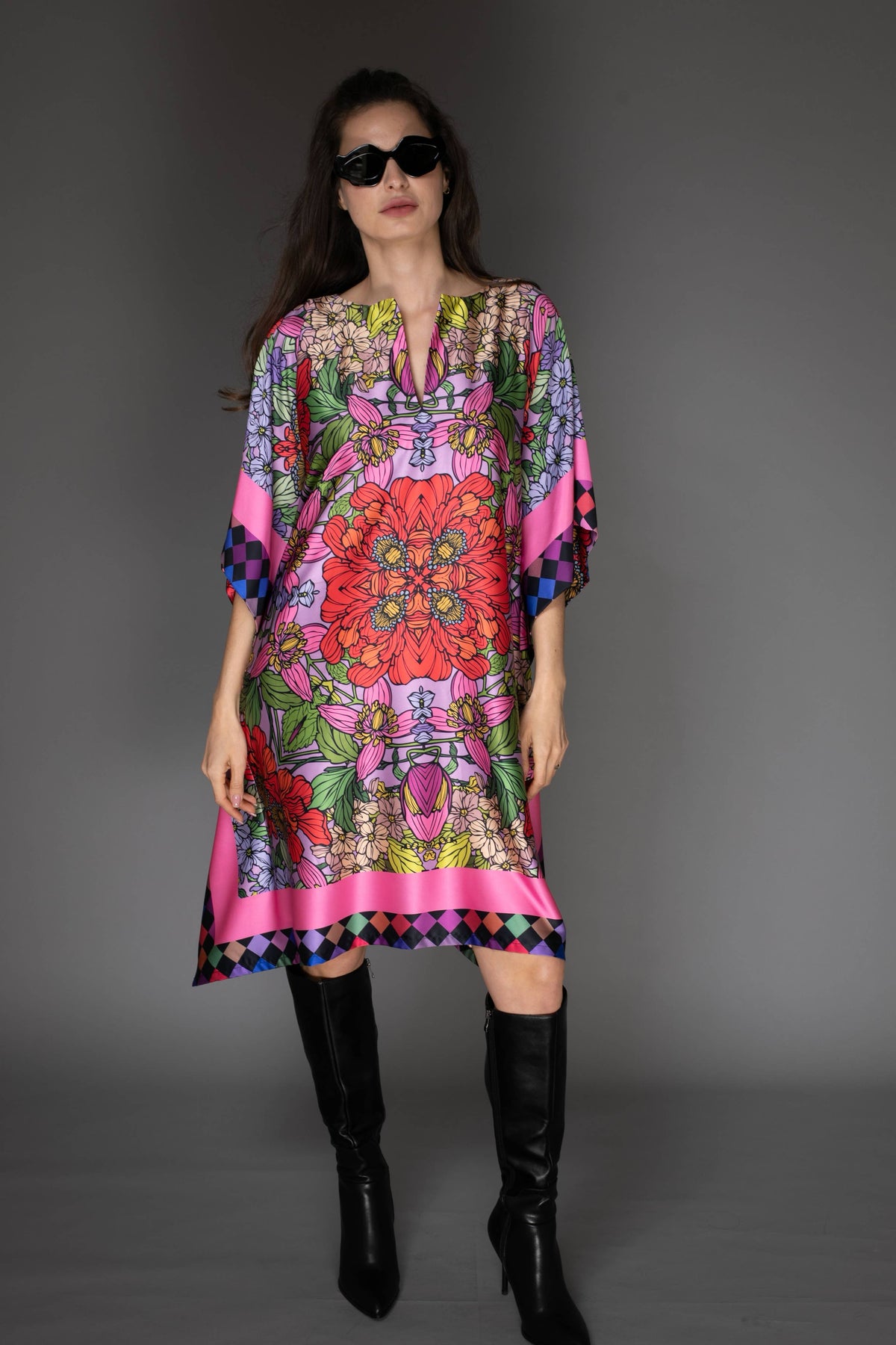 Red Garden Short Satin Kaftan Dress