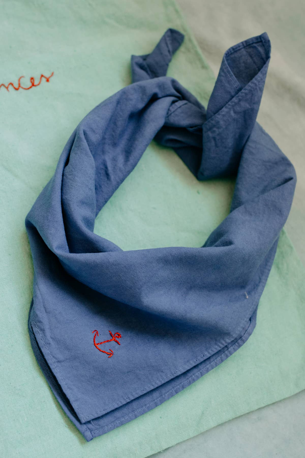 Hand embroidered Vacances cotton bandana, hand dyed