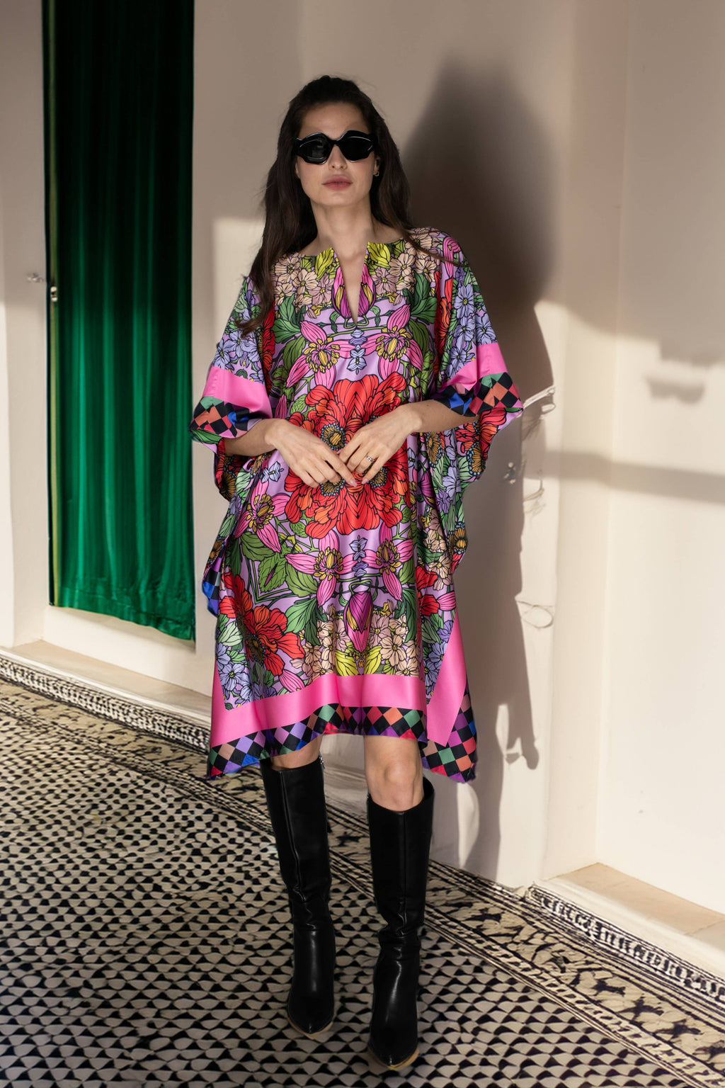 Red Garden Short Satin Kaftan Dress