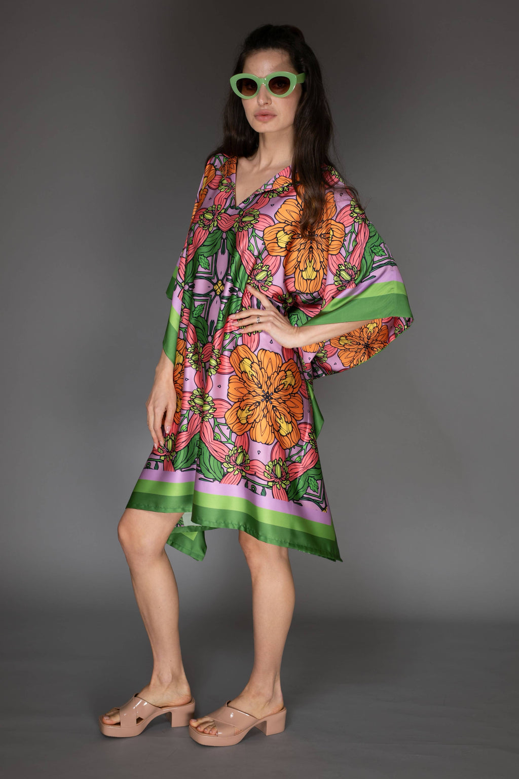 Floral Satin Kaftan Short Dress