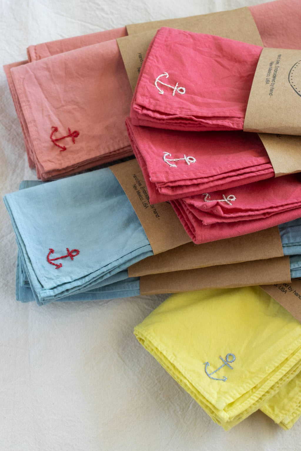 Hand embroidered Vacances cotton bandana, hand dyed